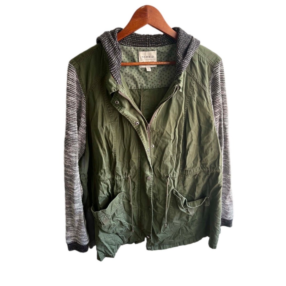 Torrid Utility Jacket Women 2 Green Excellent‎ Mixed Media Knit Sleeve Hooded